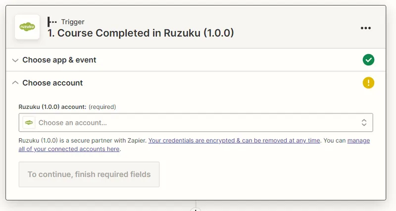 Zapier trigger setup for Ruzuku course completions